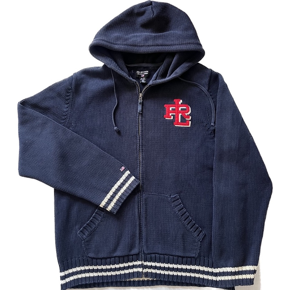 Vintage Polo Jeans Ralph Lauren 90s Knit Full Zip Cardigan Sweater Hood Mens XL